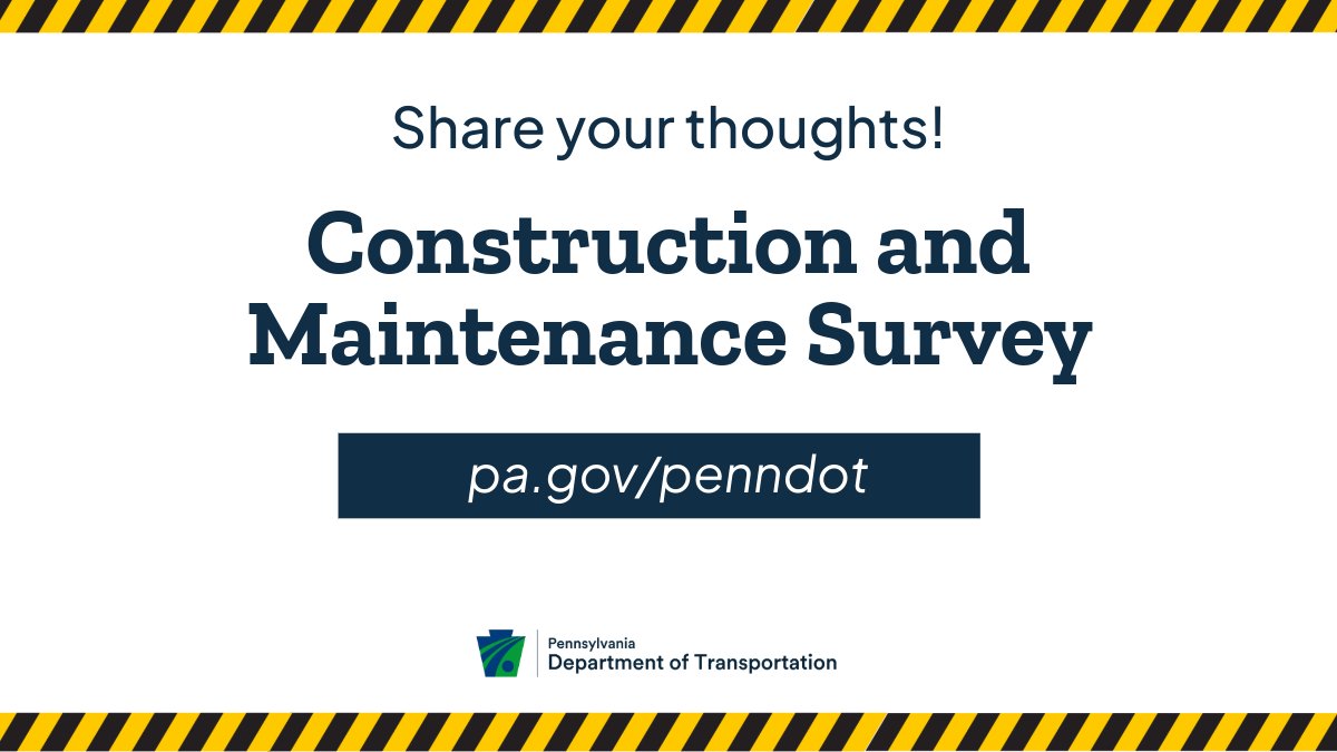 PennDOTNews's tweet image. Tell us what you think! 🗣️

Our annual customer satisfaction survey is one way we look for areas to learn and improve. You can share your thoughts on PennDOT construction and maintenance activities.

Click here to take the 24-question survey by 10/21: surveymonkey.com/r/GHKHND5.