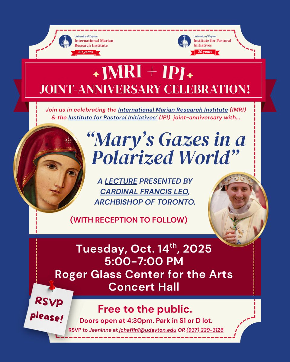 Come listen to a special lecture by Cardinal Francis Leo (Archbishop of <a href="/archtoronto/">Archdiocese of Toronto</a>, our Partner, and two-time graduate of UD IMRI) on the <a href="/univofdayton/">University of Dayton</a> campus!  It'll be followed by a reception! Can't wait to see you there!🙏 #UniversityofDayton #UD #Marianist #Faith