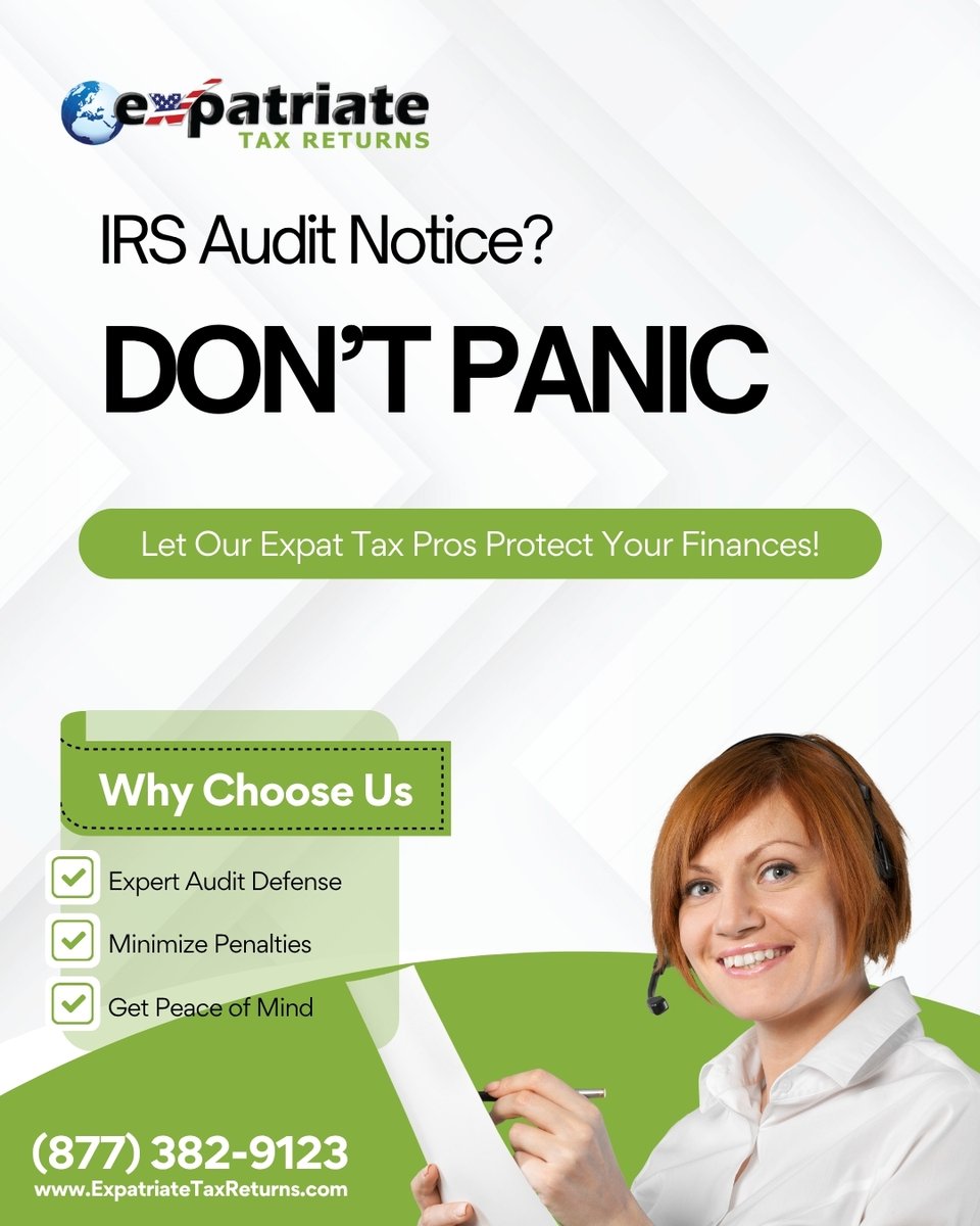 ExpatriateTaxes's tweet image. Got an IRS audit notice abroad? Don’t panic—Expatriate Tax Returns can help defend, minimize penalties & bring peace of mind. 🌍💼 #ExpatTaxes #AuditHelp