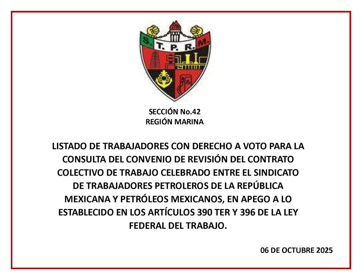 Seccion42_STPRM's tweet photo. De conformidad con lo estipulado en la Base Cuarta de la Convocatoria emitida por el Comité Ejecutivo General, a continuación se publica la Lista de Votantes de la Sección 42 del STPRM.

#SomosSTPRM 
#MasUnidosQueNunca 
#UnidosVenceremos
@lgps03101
@MarcoAzuara1 https://t.co/DIcT317Pq1
