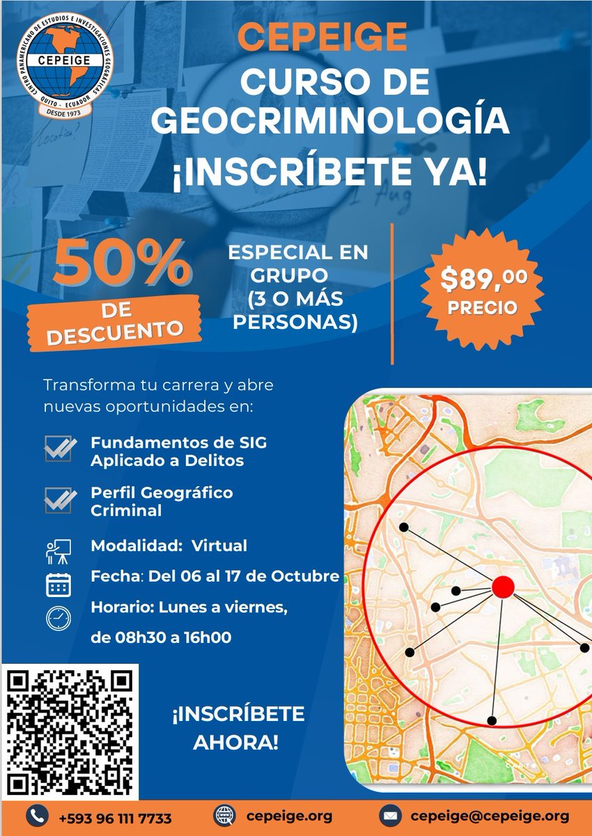 ⚠️ ¿Quieres conocer el proceso de investigación de delitos en determinados lugares con sistemas de tecnología especializada? 📌

📝 En este curso aprenderás, junto con expertos, sobre georeferenciación de delitos y seguridad 🦺👥.

✅ Más información 👉🏼 acortar.link/BaEBQK .