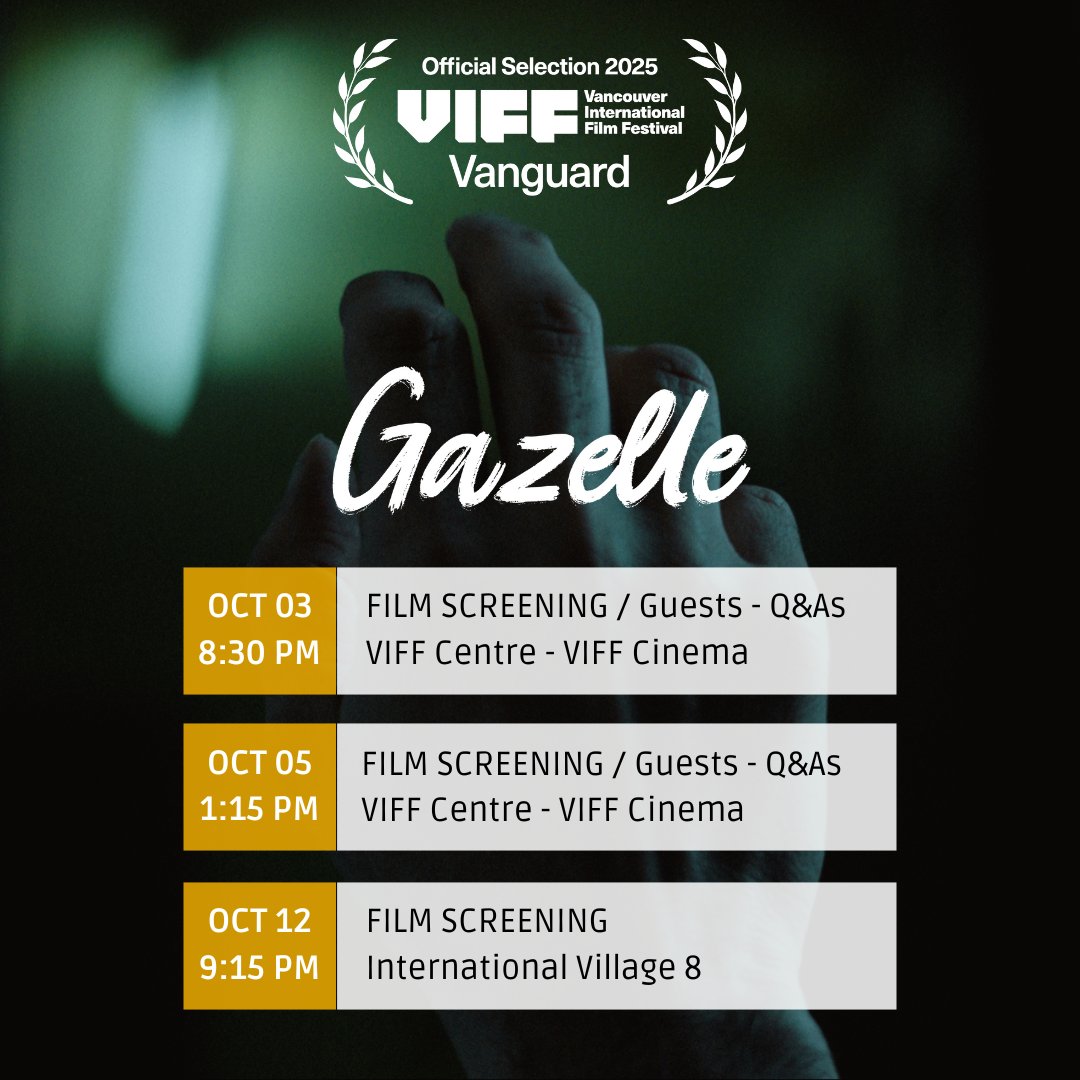 Three screenings. Two Q&amp;As. One World Premiere.

Gazelle at <a href="/VIFFest/">Vancouver International Film Festival</a> 2025 🎬

🎟️ Tickets: viff.org/whats-on/viff2…
#GazelleFilm #VIFF2025 #FilmFestival