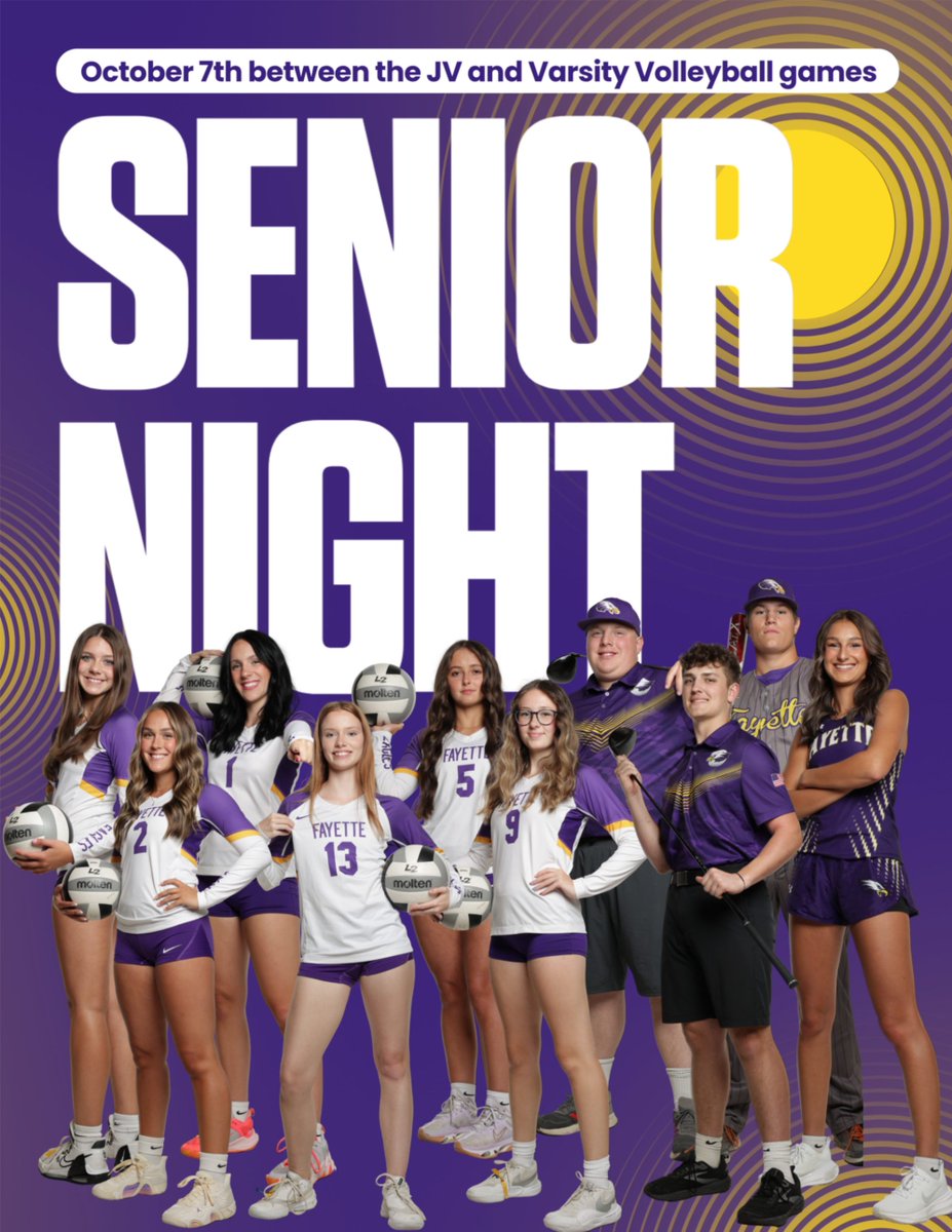 TeamFayette's tweet photo. Come out next Tuesday, October 7th, to help us celebrate our fall sports seniors! Ceremony will take place between the JV and Varsity Volleyball games. JV game will start at 5:30pm. https://t.co/drIaYp5OZy