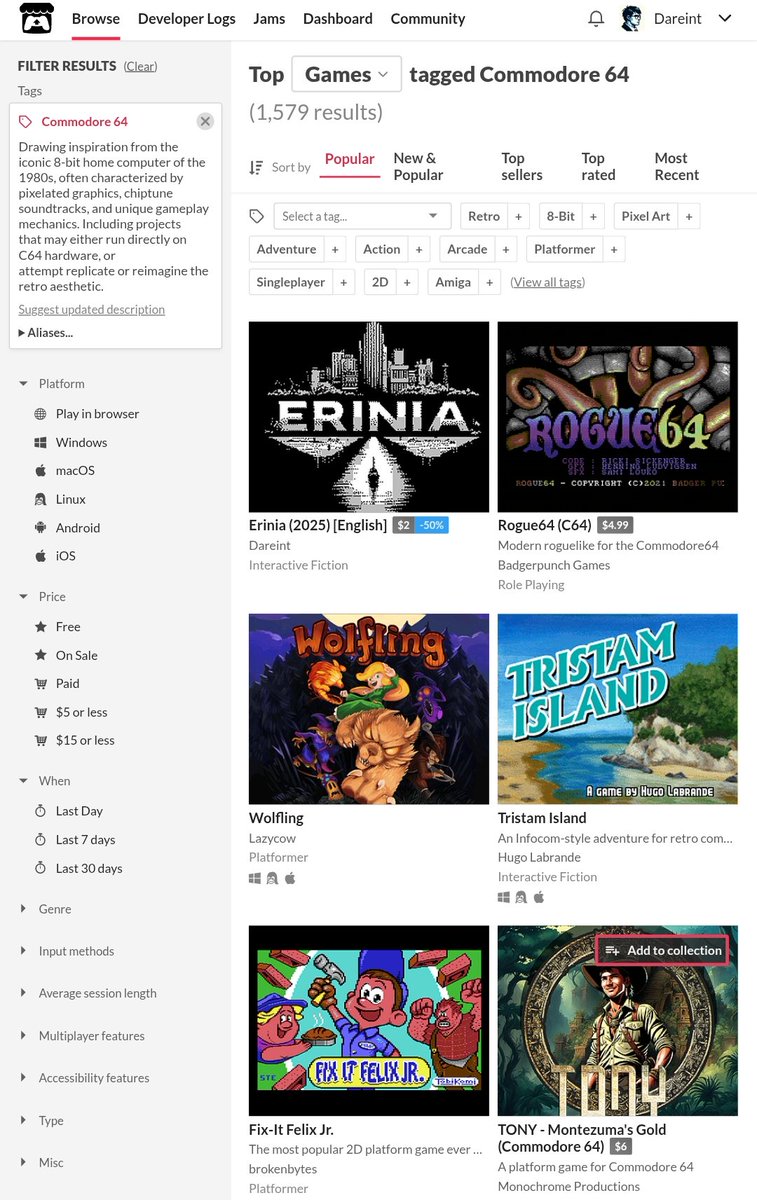 DaReInt's tweet photo. Ahora mismo #Erinia es el juego más popular de #Commodore64 en @itchio♥️ https://t.co/nFWzpxC5cl