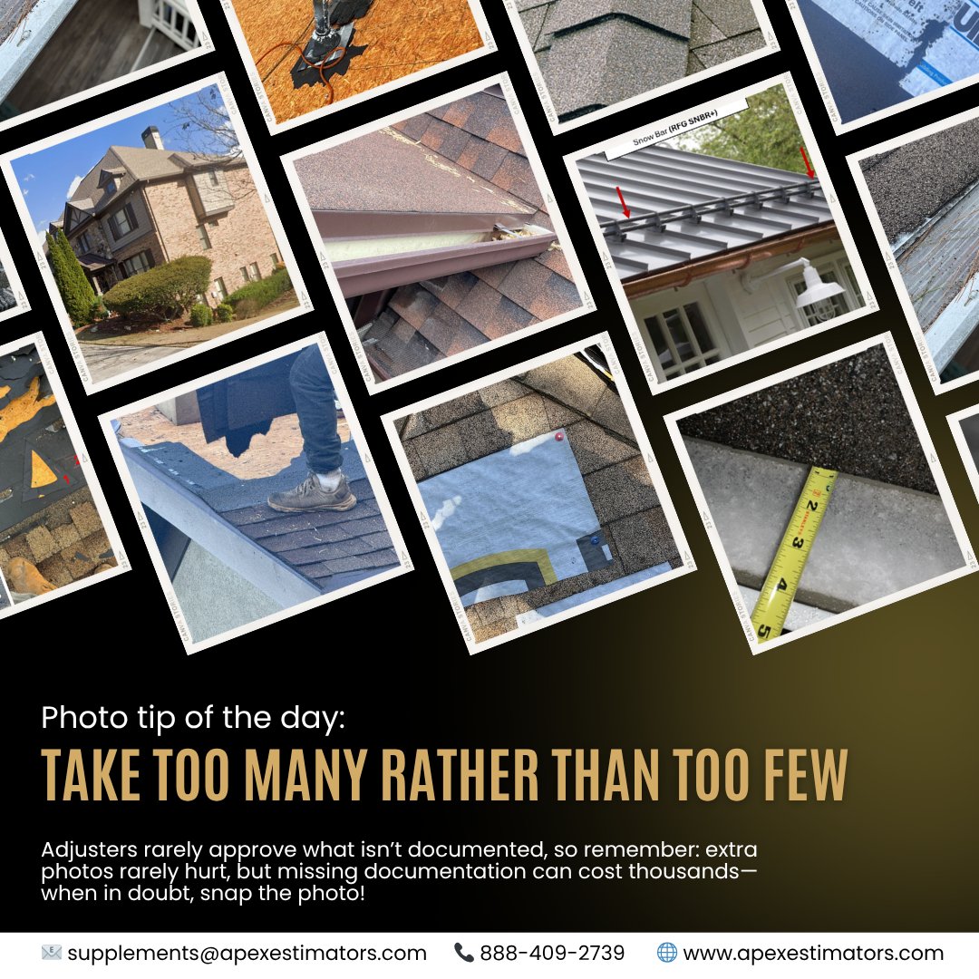 apexestimators's tweet image. Photo Tip of the Day
Every detail matters. Extra photos rarely hurt, but missing documentation can cost thousands. When in doubt—snap the photo!

👉 DM us “Guide” to get your FREE Supplement Photo Guide.

#SupplementingExperts #RoofingSupplements #ApexEstimators