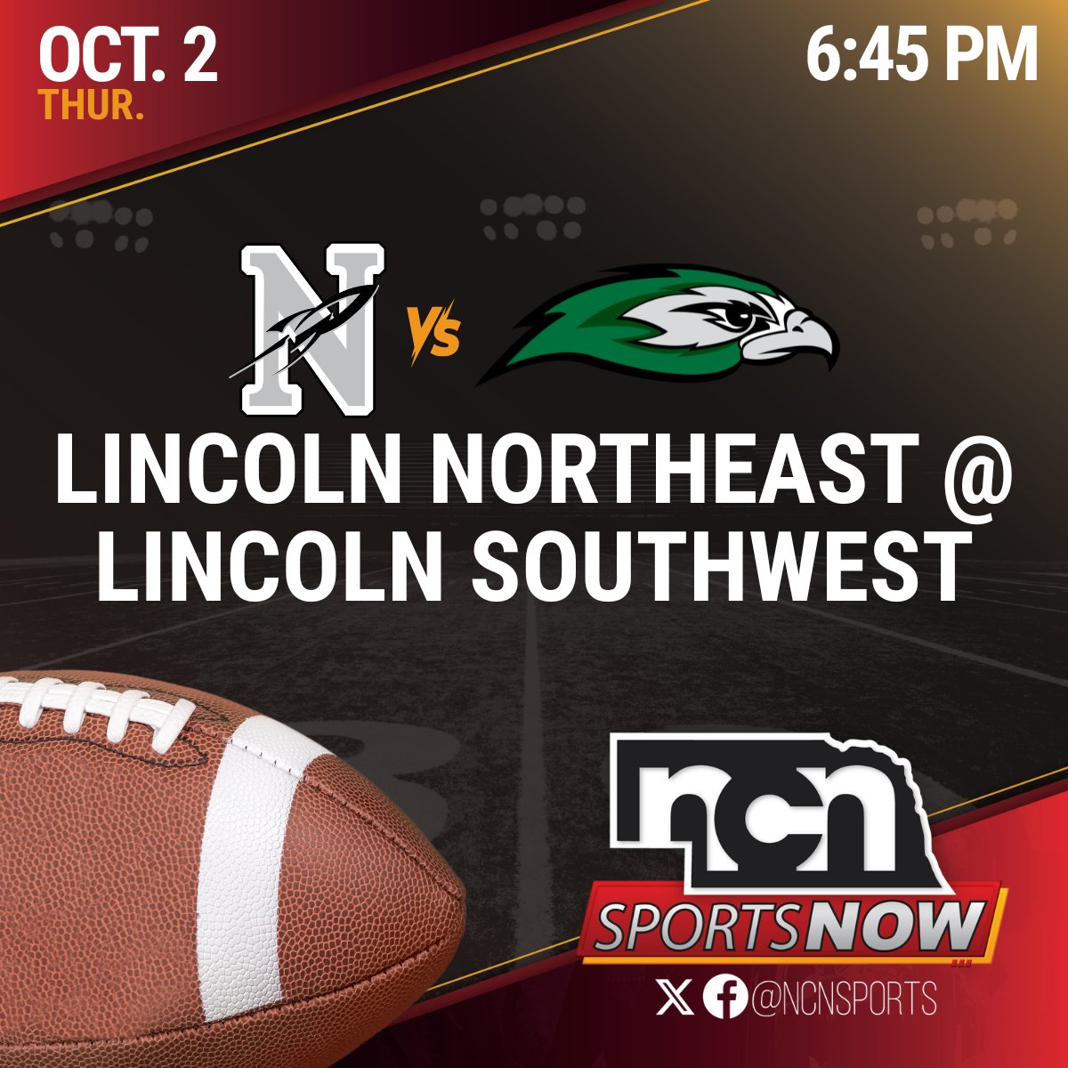 NCNSports's tweet image. 📺🏈: @NewsChannelNE is televising a Capital City showdown on Thursday night! 🍿🙌
 
⚫️🚀 Lincoln Northeast vs Lincoln Southwest 🦅🟢

TV coverage begins at 6:45 pm CT!

HOW TO WATCH NCN: tinyurl.com/smc3wkd8…