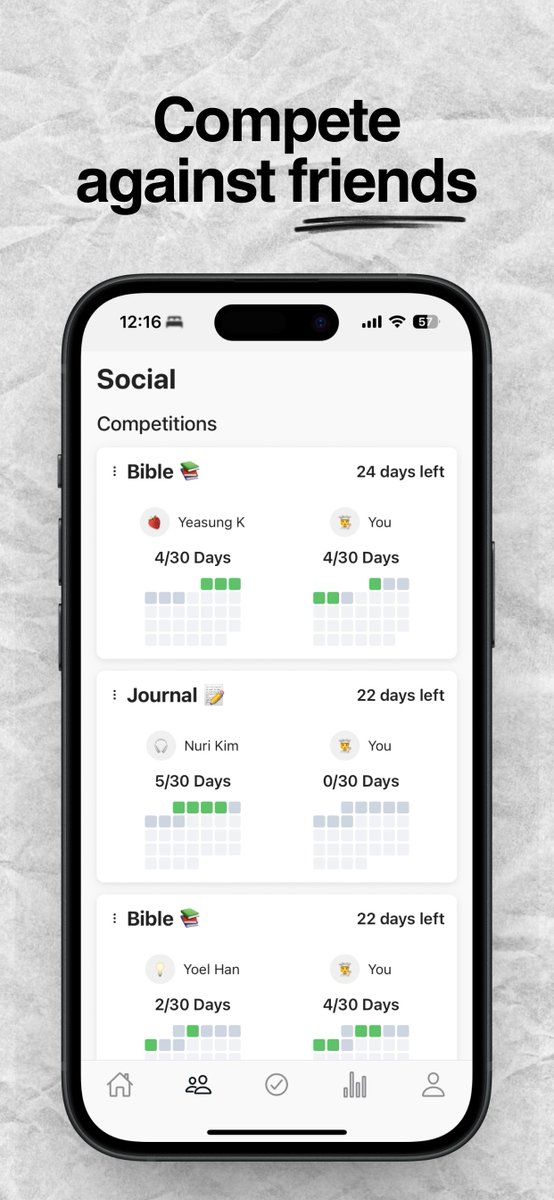 jvmeshan's tweet image. I made a competition feature in my app to compete against others in habit. 

nobody is using it.

It is a cool feature, but it is not good for retention.

Most people just want to track and see others track.  

Plan to change to achievement/mission like Duolingo.

Thoughts?