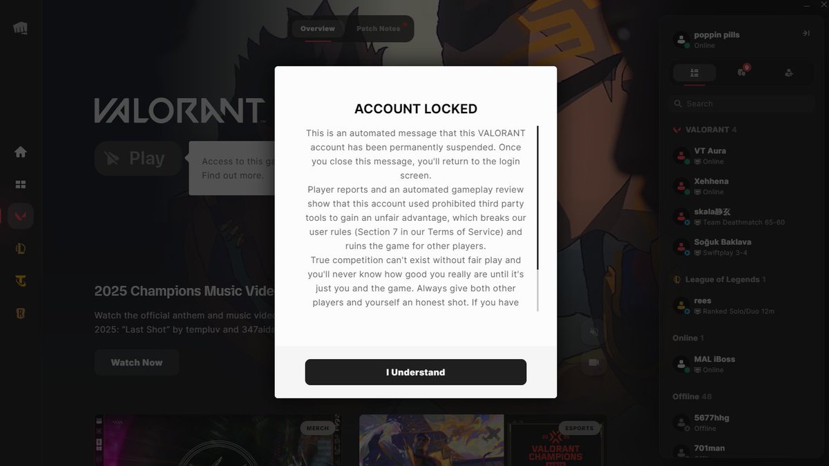Dear Riot Games Support, My main account has been suspended, which prevents me from participating in competitions.I just want to your assistance in reviewing to recover my account.Also i dont have tpm 2.0 or secure boot my system kinda bad. <a href="/riotgames/">Riot Games</a> <a href="/VALORANT/">VALORANT</a> <a href="/RiotSupport/">Riot Games Support</a>