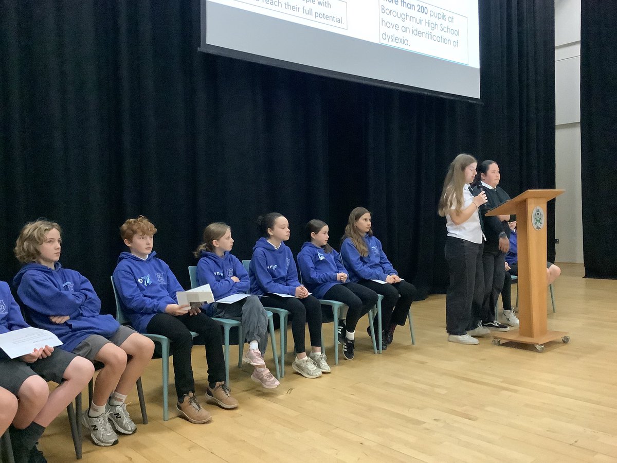 TransitionBHS's tweet photo. A fabulous start to Dyslexia Awareness Week. P7 pupils presented at our assemblies and two senior pupils reflected on their journey with dyslexia. Thank you for sharing your story. @BoroughmuirHS @BoroughmuirHFTT @BoroughmuirEA @BmuirComputing https://t.co/cDcDkQeDMa