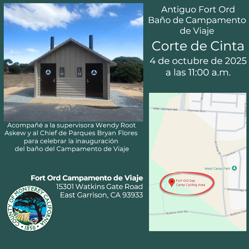 Celebrate a new addition at Fort Ord Travel Camp!
Join Supervisor Askew &amp; County Chief of Parks Bryan Flores for a ribbon cutting ceremony to celebrate the new Travel Camp restroom, an important addition to our local open space treasure.
#fortord  #salinasca #montereycalifornia