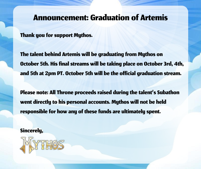 [Regarding the graduation of Artemis]