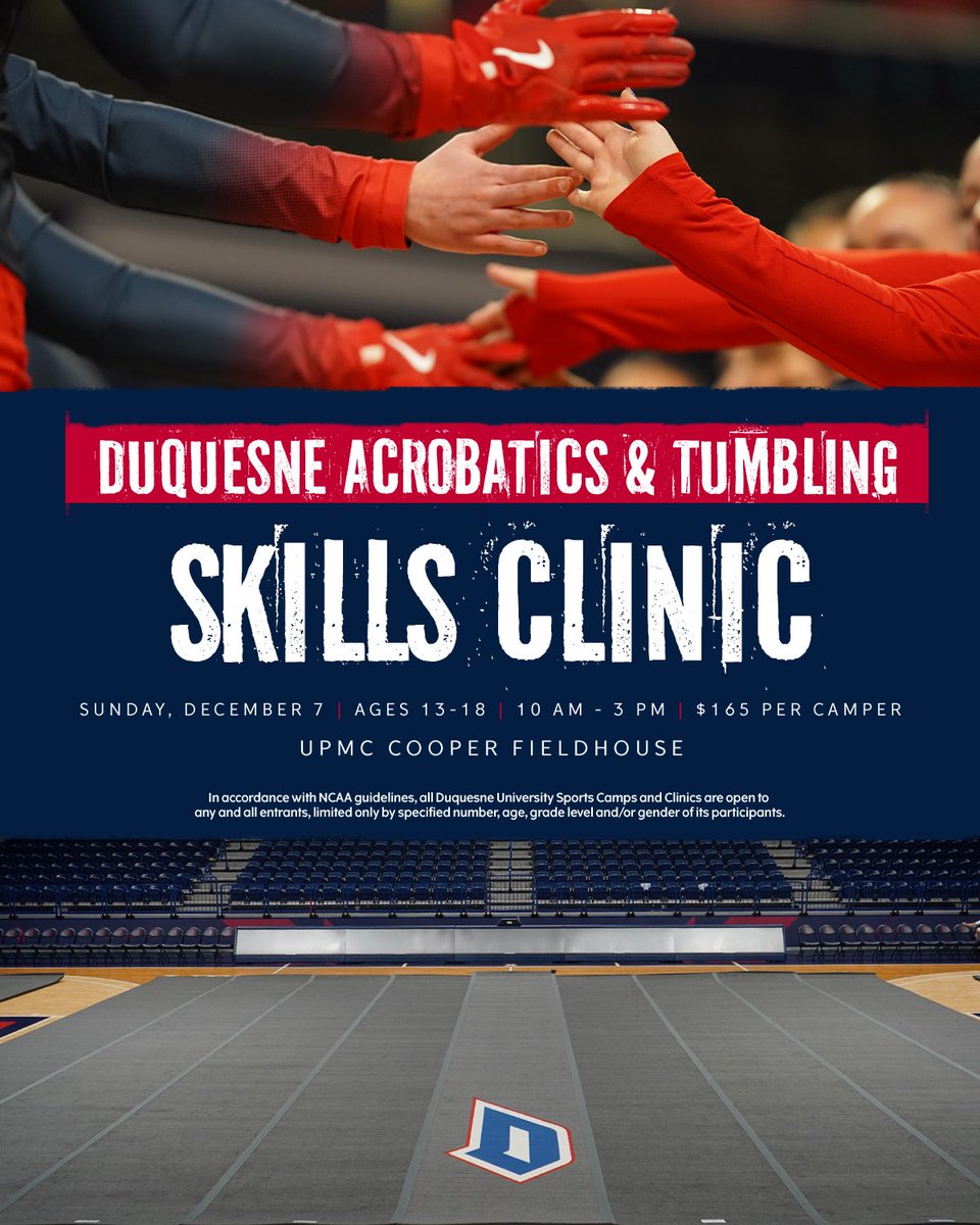 🚨 Skills Clinic Alert! 🚨

Join us December 7 for our Skills Clinic from 10 AM – 3 PM!

📍 UPMC Cooper Fieldhouse
📲 Sign up now: GoDuquesne.com/acrocamp