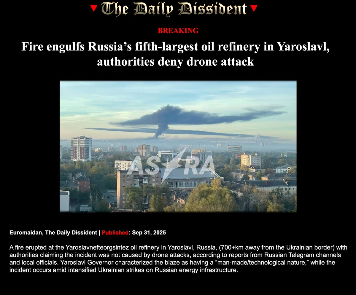 DailyD1ss1dent's tweet image. #BREAKING: Fire engulfs #Russia’s fifth-largest oil refinery in #Yaroslavl, authorities deny drone attack. -Euromaidan

#BreakingNews #UkraineWar #UkraineRussianWar