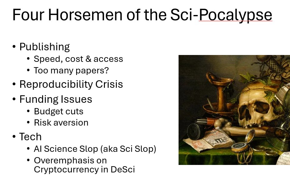 TheUnjournaling's tweet photo. Hey DeSci - "Sci Slop" makes its first appearance in science conference form tomorrow.

Ref: Manion, S (2025, October 2). Decentralized Science: What and why? [Conference presentation]. DeSAI: The Impact of New Tech on Science: The Good, the Bad & the Future, Pittsburgh, PA.