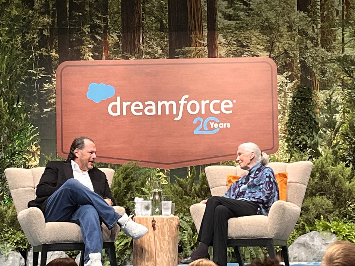 Benioff's tweet image. Shattered by the passing of Jane Goodall. She showed how one person’s love for the forest can change the world. She inspired 1 Trillion Trees &amp;amp; reminded us never to lose hope. I love you, Jane, &amp;amp; will miss you deeply.  May the one who brings peace bring peace to all. ❤️