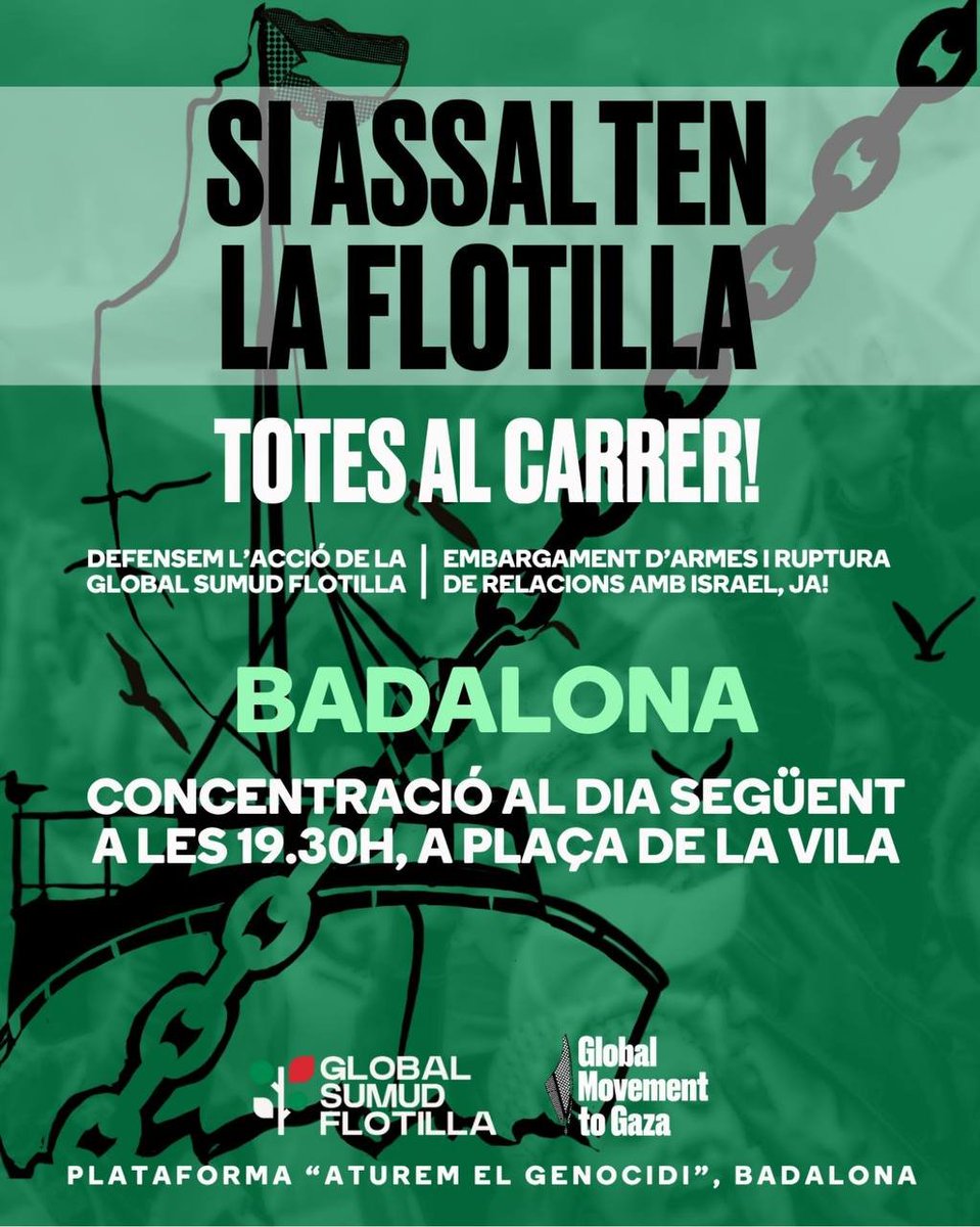 🔴L'Estat genocida no té cap dret a assaltar la flotilla i segrestar els seus integrants, entre ells els amics i companys, <a href="/adria_plazas/">Adrià Plazas</a> i <a href="/PlrCastillejo/">Pilar Castillejo</a>

Demà totes al carrer:
🕢19,30 h
📍Plaça de la Vila
#Badalona
 
🇵🇸 VISCA PALESTINA LLIURE