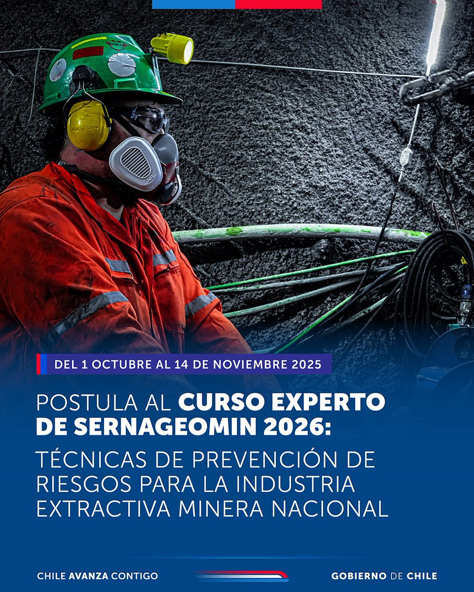 ¡Comenzó el proceso de postulación!
El Curso de Experto/a en Prevención de Riesgos en Minería es tu oportunidad para crecer, especializarte y abrir nuevas puertas en tu carrera profesional.
Mas info en: sernageomin.cl/capacitacion/

¡No te quedes fuera, postula ahora!