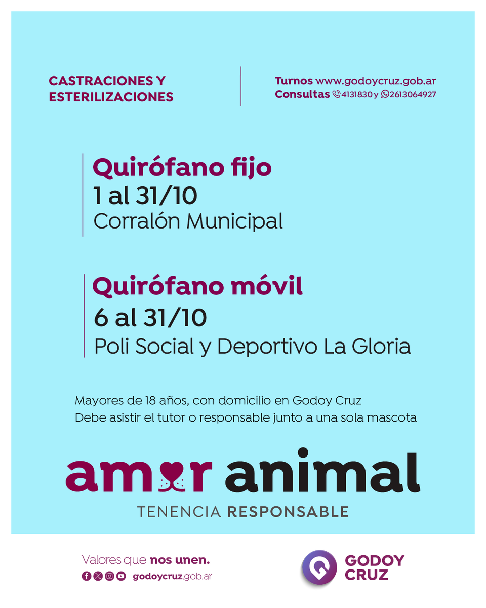 🧑🏼‍⚕️ Quirófano veterinario 😺🐶

Te informamos que para castrar o esterilizar tu mascota tenés que cumplir con varios requisitos. Por lo tanto, es importante que ingreses a godoycruz.gob.ar y elijas el botón "TENENCIA RESPONSABLE".

📌 Durante el mes de OCTUBRE estaremos