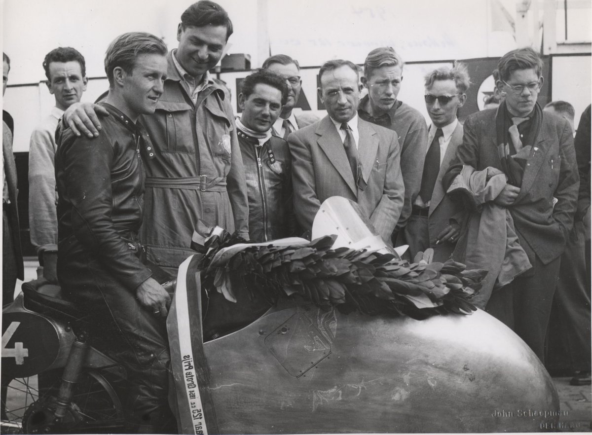 Rupert Hollaus (125cc NSU), Dutch TT, 1954. He won the 125cc world title posthumously.