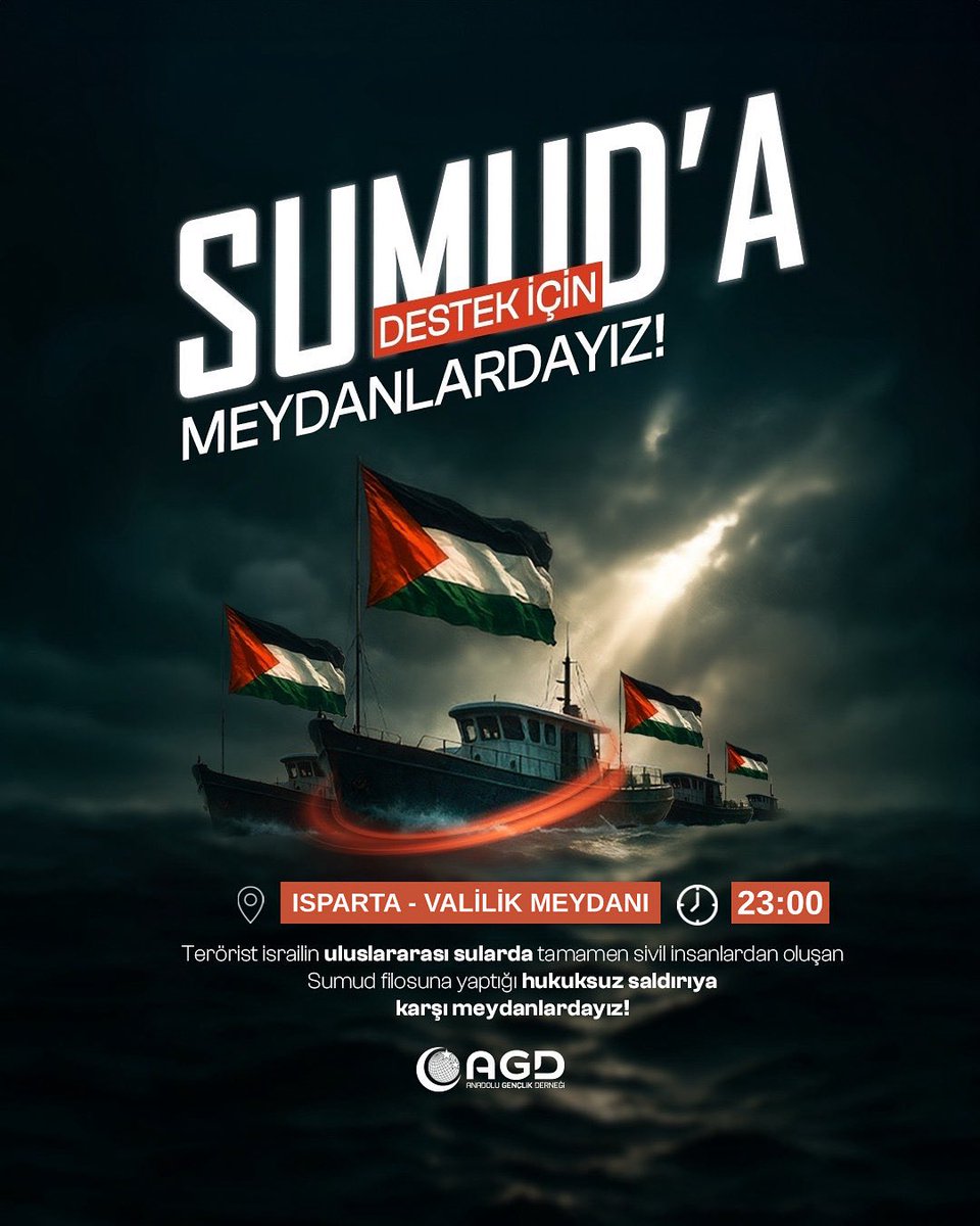 ispartagd's tweet photo. 📍SUMUD’A DESTEK İÇİN MEYDANLARDAYIZ!

Terörist israilin uluslararası sularda tamamen sivil insanlardan oluşan Sumud filosuna yaptığı hukuksuz saldırıya karşı meydanlardayız!

#GlobalSumudFlotilla
#SumudKuşatmaAltında
#GazzedekiAblukayıKır https://t.co/q8T6Ebha8c