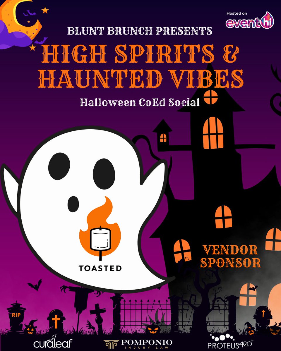 👻 High Spirits. Haunted Vibes. Toasted Energy. 🎃

We’re turning Halloween night into a co-ed cannabis social you won’t forget — with spooky seshes, elevated vibes, and community connections all in one haunted space 💨🔥 Costumes encouraged, good energy required. 🪩🖤