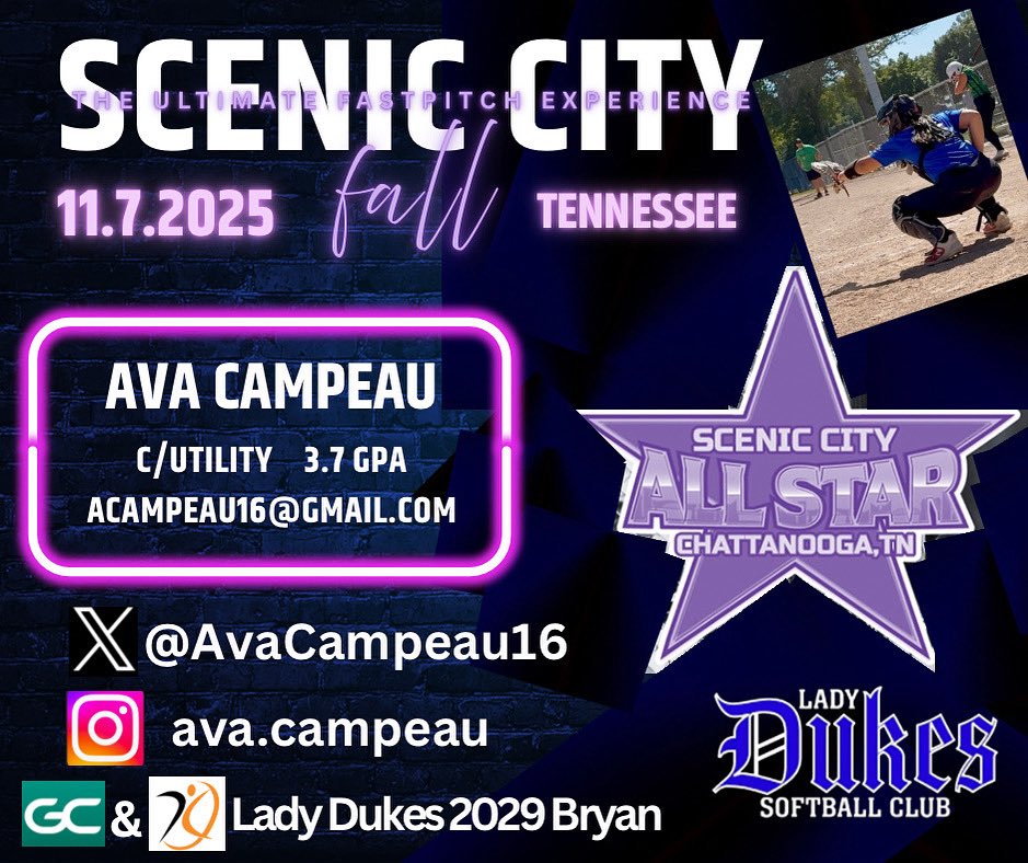 AvaCampeau16's tweet photo. Feeling blessed to have been selected to play in the Scenic City All Star game on 11/07/2025 in Chattanooga Tennessee!!! #IWillNotBeOutWorked💙🫶🏼🥎 @SGMCoryBryan @softballamerica @AGLSoftball @d1fastpitch1 @SoftballDown @SBRRetweets @D1Softball @TopPreps @ladydukes2029 @ExtraInningSB @SoftballRecruit @LegacyLegendsS1