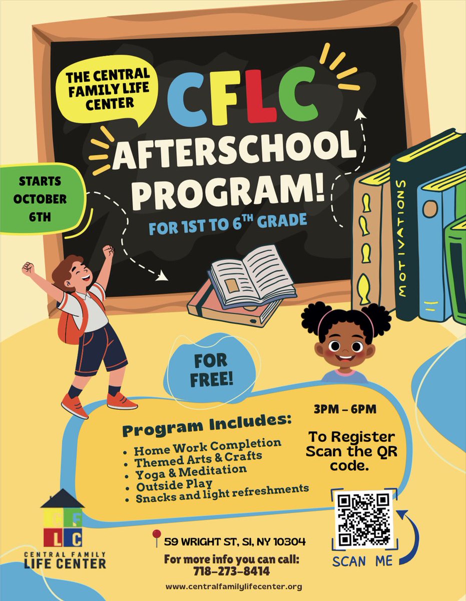 🎨 Exciting News for 1st to 6th Graders! 🎨 Join us for an unforgettable Afterschool Program starting October 6th. Dive into a world of fun with yoga, meditation, arts and crafts, and homework help. Register through our Link in bio or by scanning the QR code. #Afterschool #Free
