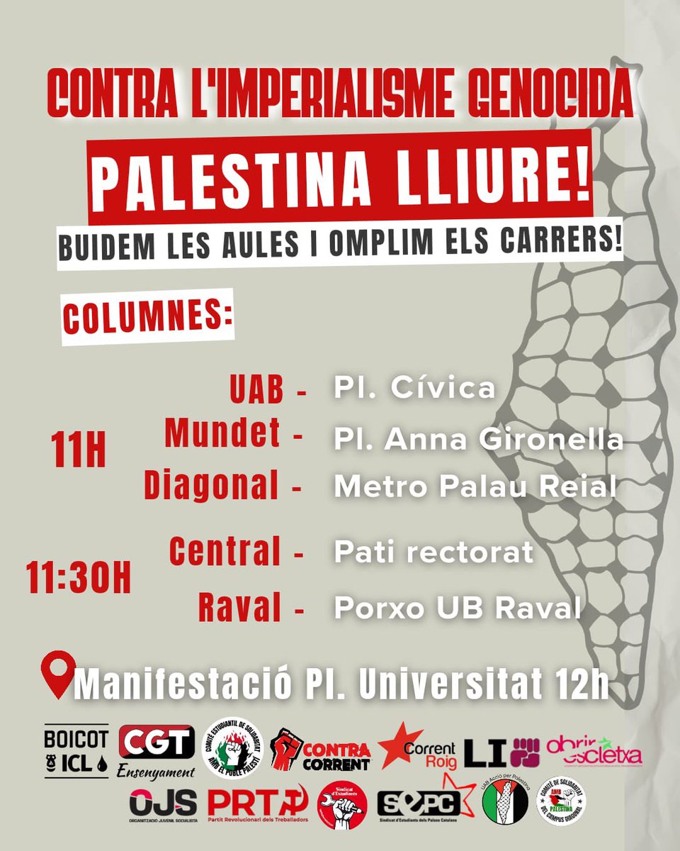 🔴 HAN ASSALTAT LA FLOTILLA, TOTES AL CARRER!
El Moviment Estudiantil en Front Únic convoca jornada de lluita per demà 2 Oct, i vaga de tota la comunitat educativa el divendres!
BUIDEM LES AULES PER PALESTINA🇵🇸