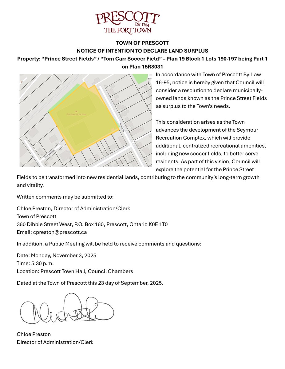 TownofPrescott's tweet photo. Notice of Intention to Declare Surplus – Prince Street Fields https://t.co/scIdHRklEf