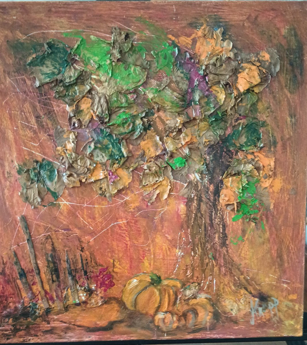 comknopp's tweet image. Happy Halloween this Month...Oil painting of pumpkins and a 3 dimensional tree that will be quite uninviting and scary!  Any inquiries contact allpawsunique@gmail.com