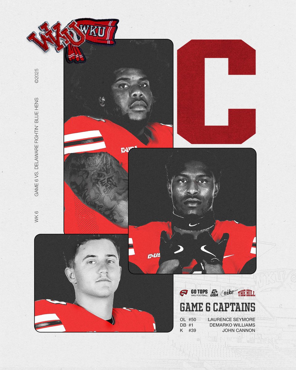 WKU Football Recruiting (@wkurecruiting) on Twitter photo Week 6 | Game 6 Captains ๐๐ซก
๐ด<a href="/xklvsive00/">Laurence โBig Babyโ Seymore</a>
โช๏ธ<a href="/DWilliams_4/">Demarko โ</a>
๐ด<a href="/john_cannon8/">john cannon</a>
#GoTops | #TopsOnTop | #TheHill | #WIT Week 6 | Game 6 Captains ๐๐ซก
๐ด<a href="/xklvsive00/">Laurence โBig Babyโ Seymore</a>
โช๏ธ<a href="/DWilliams_4/">Demarko โ</a>
๐ด<a href="/john_cannon8/">john cannon</a>
#GoTops | #TopsOnTop | #TheHill | #WIT
