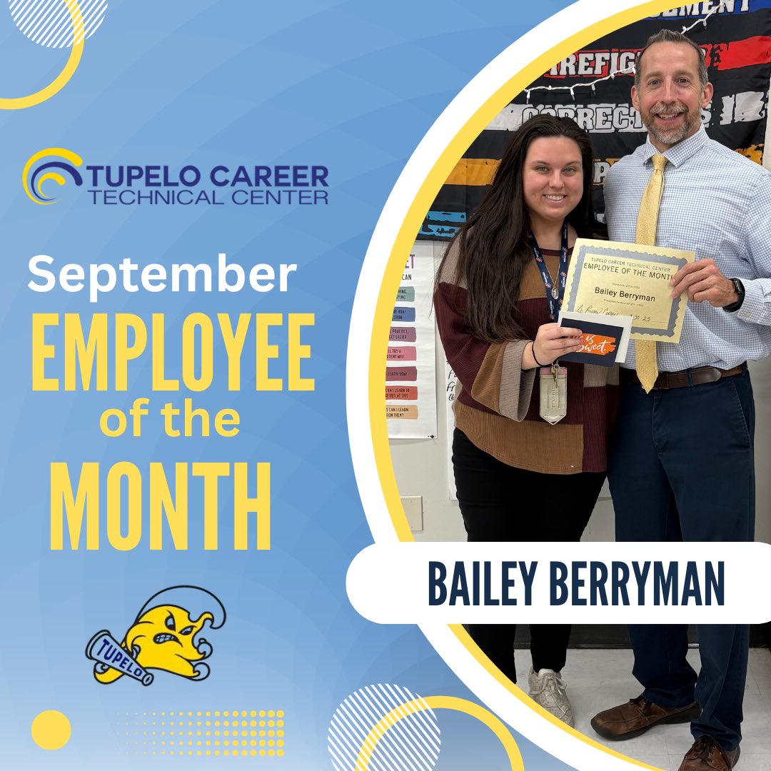 CONGRATULATIONS Bailey Berryman!🎉🎉 TCTC September Employee of the Month! Thanks for ALL you do! Your hardwork and dedication is appreciated.💙💛 #CTE #TPSD #LawAndPublicSafety