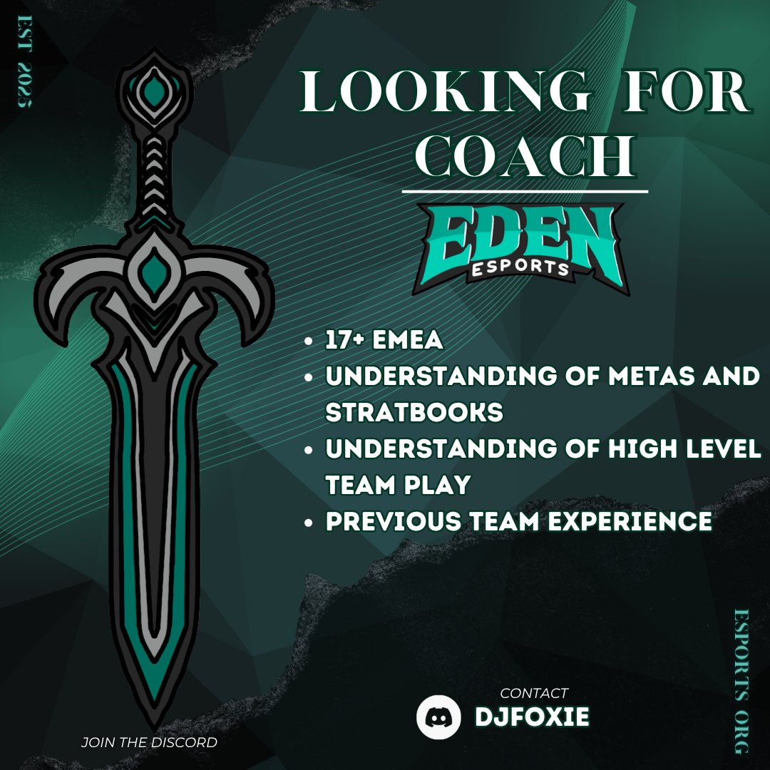 EDEN Esports is looking for a coach.

Requirements -
- Understanding of metas and stratbooks,
- Understanding of macros of the game,
- Understanding of VOD Reviews,
- Able to work with the IGL to build a foundation and protocols

Contact djfoxie on discord
