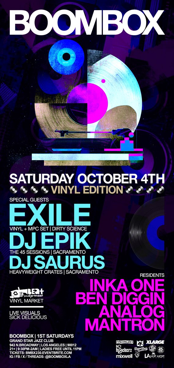 [SATURDAY] <a href="/BoomboxLA/">BOOMBOX</a> VINYL EDITION featuring the don EXILE [Vinyl x MPC Set] + the Boombox debut of DJ EPIK + DJ SAURUS + a Beat Swap Meet vinyl market! it's gonna be an evening of analog bliss! cop DISCOUNT PRESALE TICKETS now. make plans, fam!
TICKETS: bmbx230.eventbrite.com