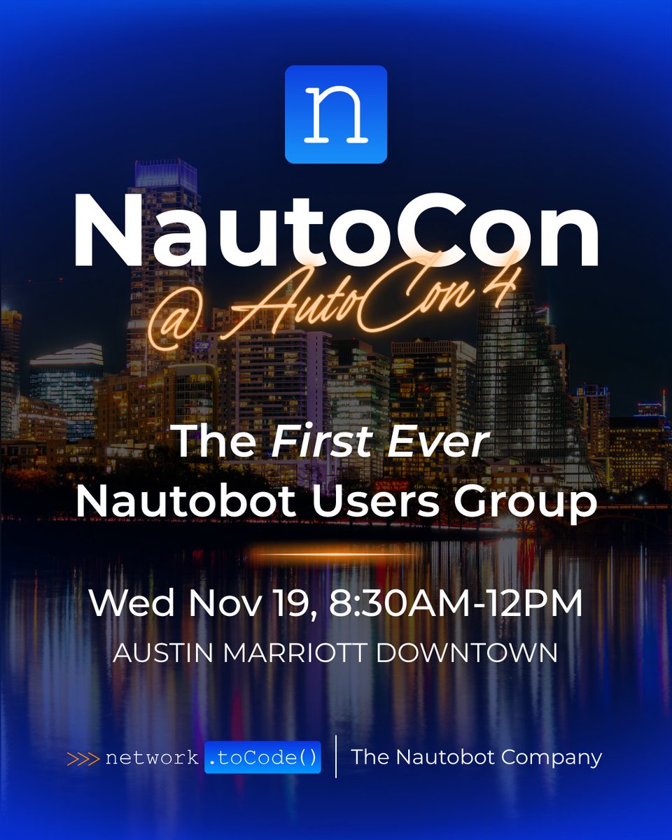 networktocode's tweet image. 🤖 Big news, network pros—NautoCon @ AutoCon is coming, and you won’t want to miss it!
We’re making history with the first-ever Nautobot Users Group, happening alongside AutoCon 4.
📍 Wednesday, Nov 19 | 8:30 AM – 12 PM | Austin Marriott Downtown
👉 hubs.ly/Q03LNMqL0