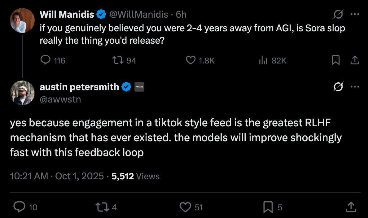 UnAIify's tweet image. New existential crisis just dropped:

A social media-born video slopocalypse: AGI born from a Sora 2-fueled, reinforcement learning loop, trained on TikTok-style AI short-form videos.

Good god.