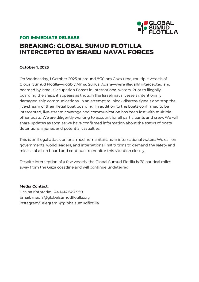 GlobeWatchX's tweet image. FOR IMMEDIATE RELEASE

BREAKING: GLOBAL SUMUD #FLOTILLA INTERCEPTED BY ISRAELI NAVAL FORCES
Via @GlobalSumudF