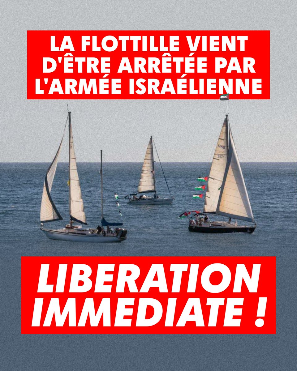 ManonAubryFr's tweet photo. 🔴 URGENT : L’armée israélienne vient d’intercepter illégalement la flottille pour Gaza et arrêter ses passagers.

Leur seul crime ? Vouloir briser l'embargo humanitaire imposé par Israël.

En tant que présidente du groupe La Gauche au Parlement européen, j’exige :
1) La libération immédiate de tou·tes les arrêté·es
2) Une enquête internationale indépendante
3) Que l’UE impose enfin des sanctions contre le gouvernement génocidaire

Nous ne nous tairons pas.