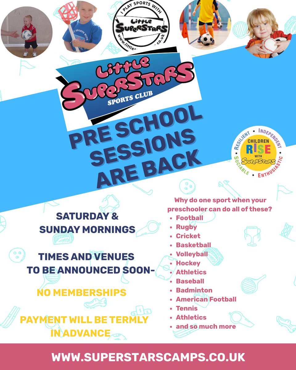 🚀 Pre-School Sports Sessions are BACK!

From ⚽ to 🏉🏀🏐🎾 – let your little superstar try them all!
📅 Sat &amp; Sun mornings | 📍 Venues TBA

✨ No memberships – termly payment only!
👉 bit.ly/4eGFoX3

#holidayclub #school #sports