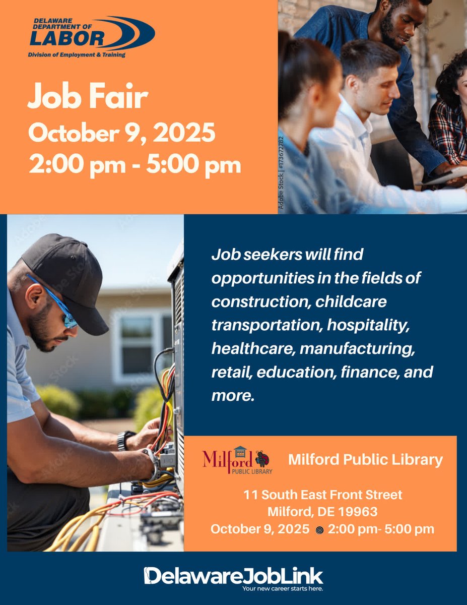 You're invited to a Multi-Employer Job Fair!
🗓️ Date: October 9, 2025
⏰ Time: 2:00 PM – 5:00 PM
📌 Location: Milford Public Library
Find opportunities in construction, transportation, retail, hospitality, and more! Bring your resume and dress to impress! #DOLJobFair2025