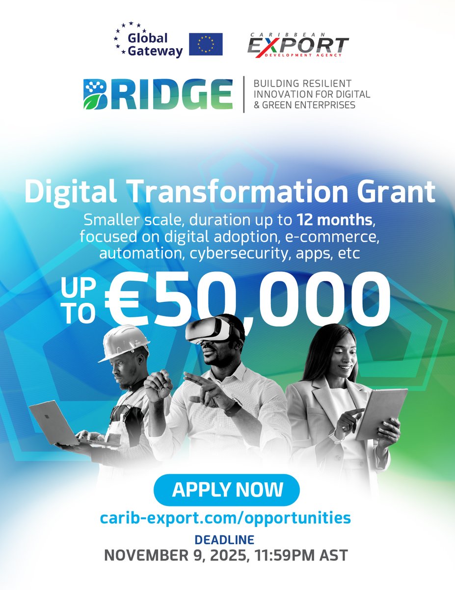 💻 Step into the Digital Future🚀. 

Caribbean Export, backed by the European Union’s Global Gateway initiative, is offering co-financing up to EUR 50,000 (60% of costs) to support your digital transformation. 

You bring your vision — we’ll help power it. 

👉 Apply today: