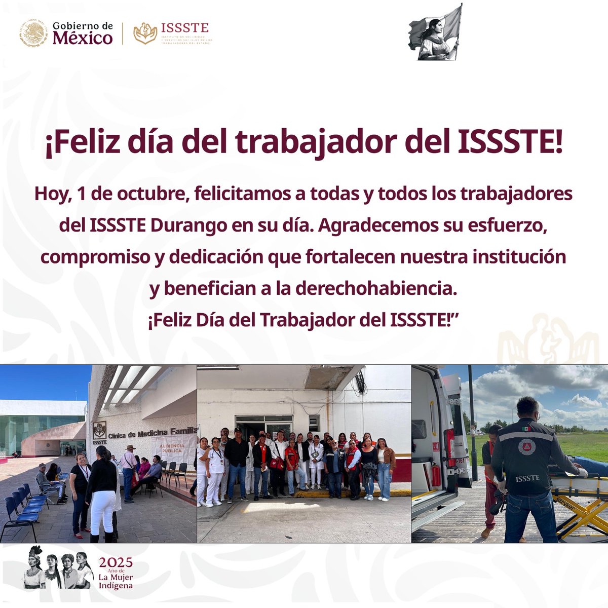 IsssteDurango's tweet image. Hoy 1 de octubre reconocemos y felicitamos a todas y todos los trabajadores del ISSSTE Durango. Su esfuerzo y compromiso hacen posible brindar servicios de calidad a la derechohabiencia. ¡Feliz Día del Trabajador del ISSSTE! 👏💙
