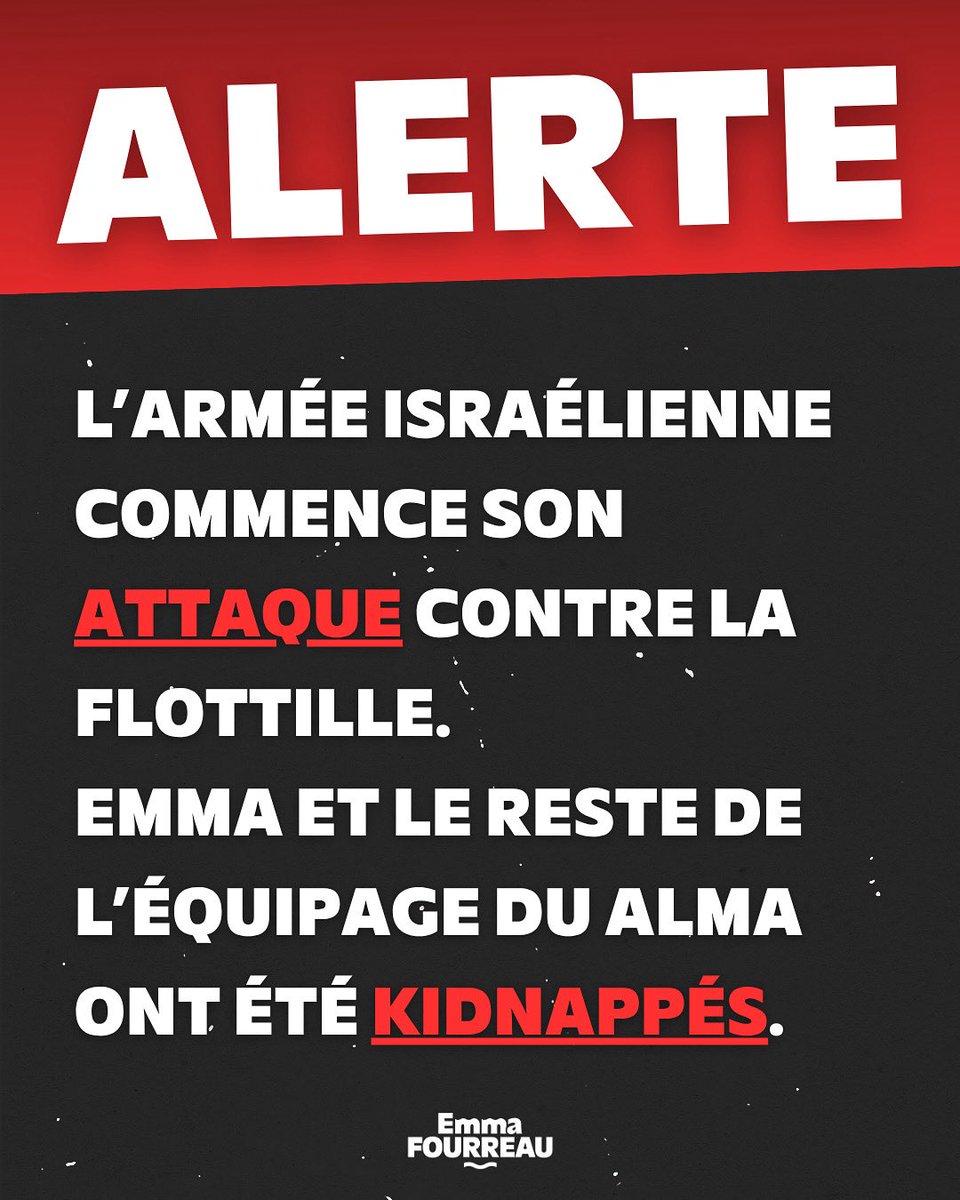 Le Alma et les premiers bateaux de la flottille ont été kidnappés par l’armée génocidaire d’Israël. Le bateau se trouvait à environ 122km des côtes de Gaza, dans les eaux internationales.
Interpellez <a href="/EmmanuelMacron/">Emmanuel Macron</a> et <a href="/jnbarrot/">Jean-Noël Barrot</a> pour exiger la libération immédiate de l’équipage.