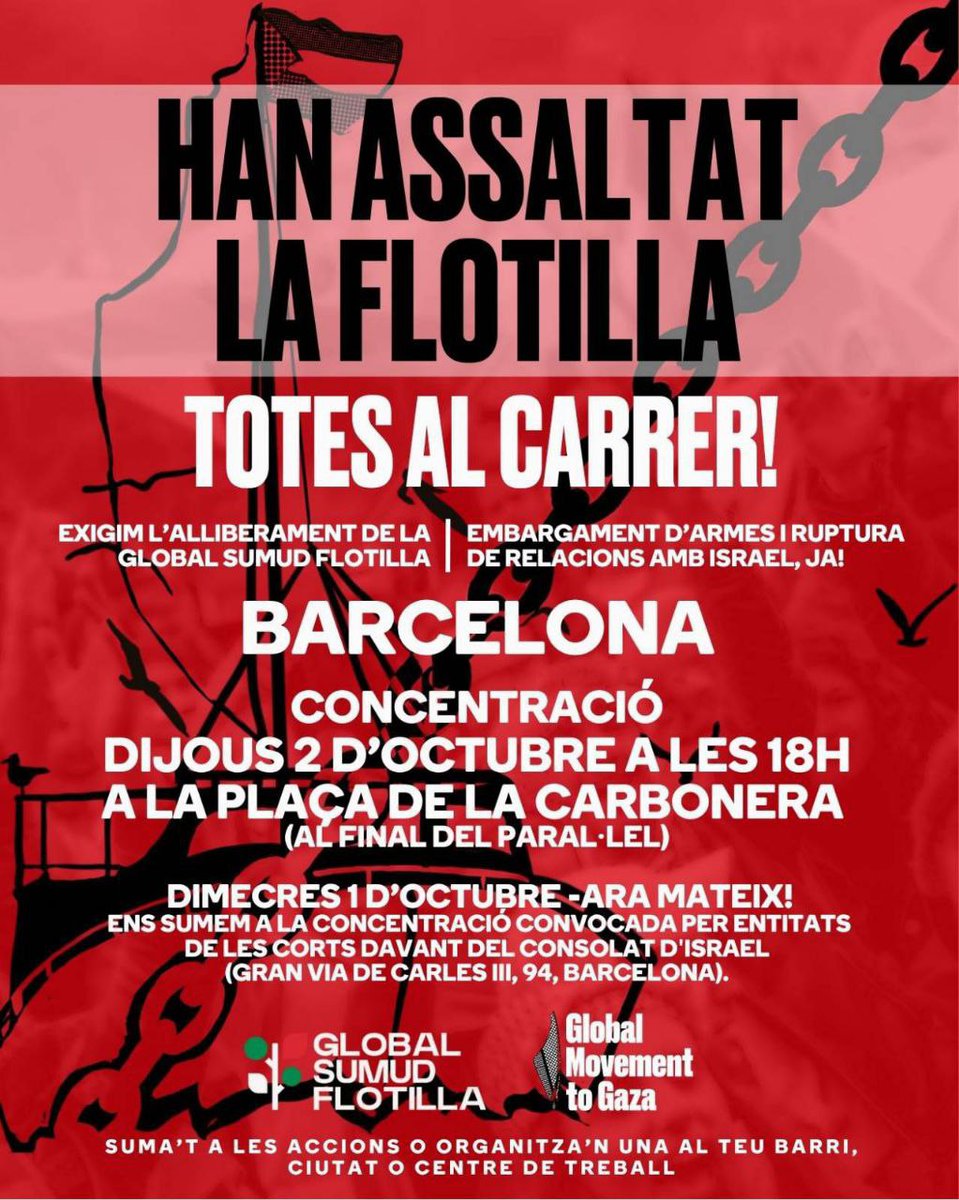 Juand_jo's tweet photo. ⚠️Han assaltat la flotilla! Totes al carrer!

🔸Dijous 2: concentracions a tots els municipis 
📌18 h a Barcelona i 19 h a la resta de municipis

🔸Divendres 3: manifestació a Barcelona
📌18:30 h Plaça Urquinaona fins a plaça de la Carbonera

📲Reenvia! https://t.co/GiRcVnFfKC