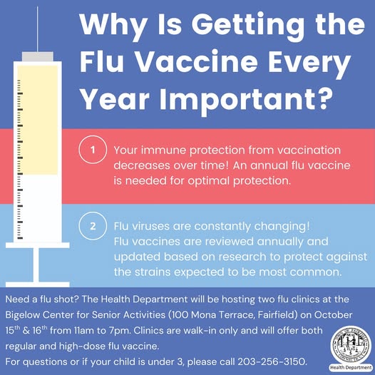 Your immunity fades over time, and flu viruses are always changing - that’s why a yearly flu shot is a must! Get yours at the Bigelow Center for Senior Activities on October 15 &amp; 16 from 11am–7pm. Walk-in only! Regular &amp; high-dose flu vaccine available!