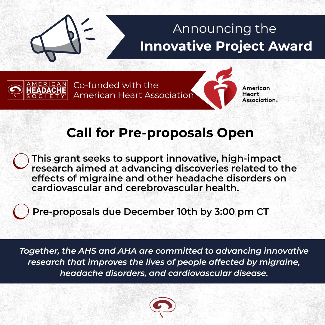 American Headache Society (@ahsheadache) on Twitter photo Funding opportunity! AHS & AHA are co-funding a $200K Innovative Project Award to advance transformative research in headache & cardiovascular health. Learn more about criteria, eligibility, timelines, and how to apply here: bit.ly/4mJxBeO
Pre-proposal Deadline: 12/10/25 Funding opportunity! AHS & AHA are co-funding a $200K Innovative Project Award to advance transformative research in headache & cardiovascular health. Learn more about criteria, eligibility, timelines, and how to apply here: bit.ly/4mJxBeO
Pre-proposal Deadline: 12/10/25