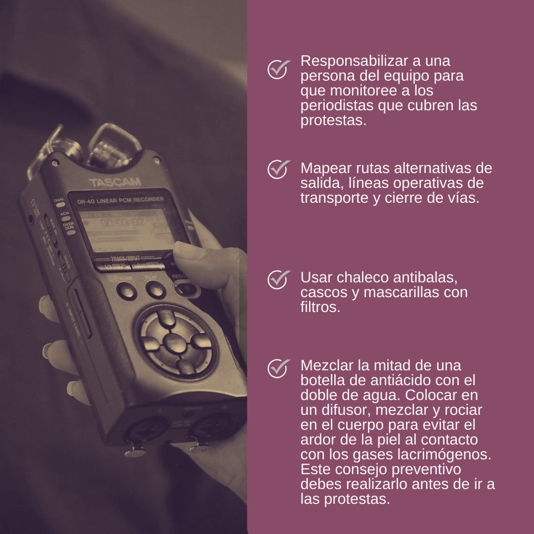SinCadenasECU's tweet image. 🚨 Entregamos algunos consejos a los medios y periodistas que cubren el #ParoNacional2025 en 🇪🇨. Hay medidas para garantizar la seguridad del equipo de prensa como el monitoreo de campo, la planificación de la reportería y la contención emocional.