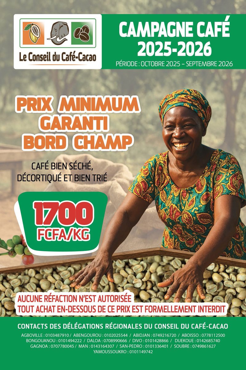 CACAO - Prix minimum garanti : 2800 CFA 

CAFÉ - Prix minimum garanti : 1700 CFA