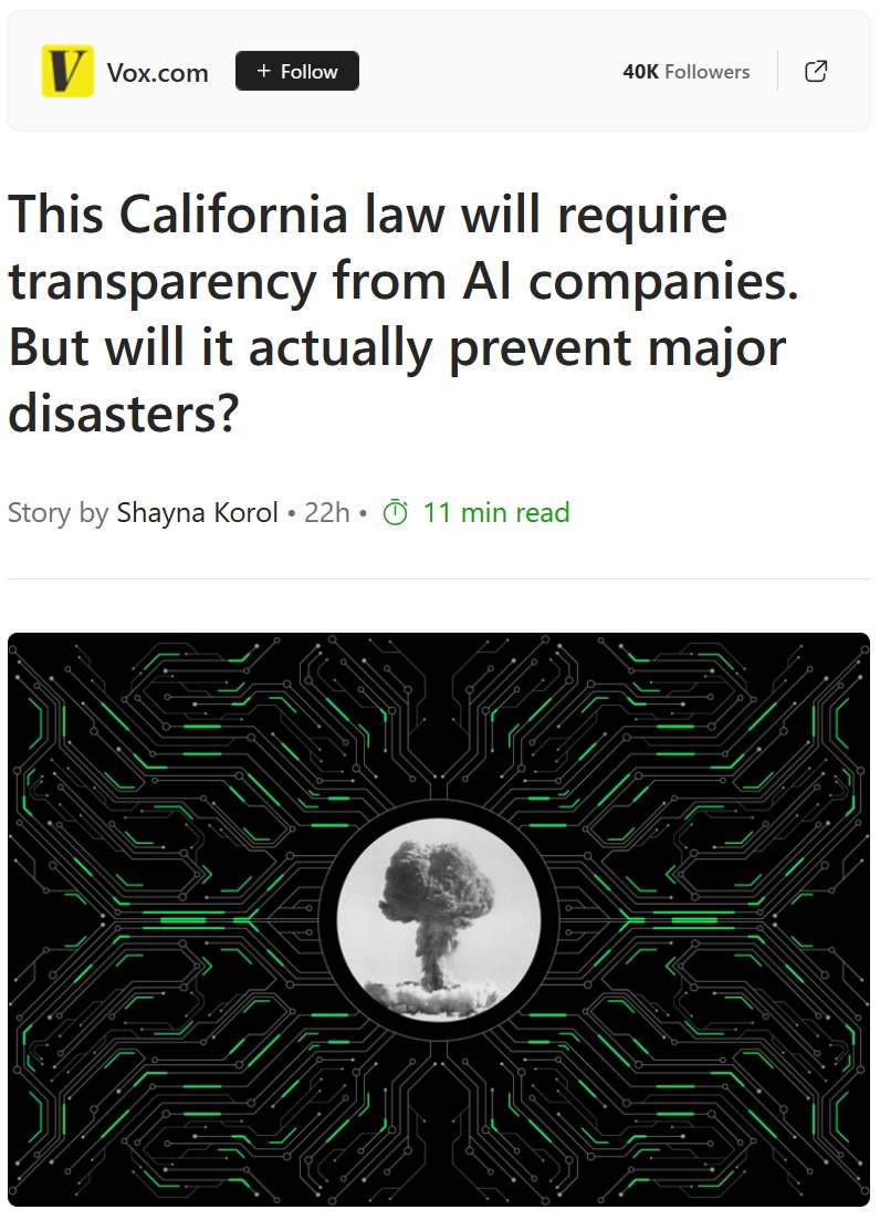 #SB53 just became law in California &amp; targets frontier AI developers, but the signal is clear: #AIgovernance is coming for everyone using AI, not just the labs building it. 
#Transparency  a new standard expectation across the ecosystem tinyurl.com/58bf9ycw