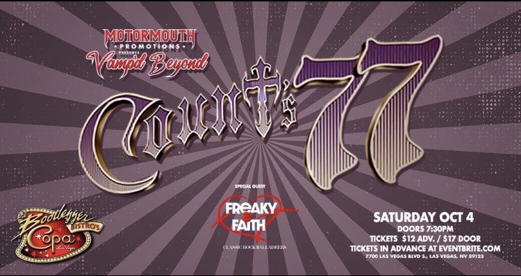CountsKustoms's tweet photo. Don't miss out seeing @DannyCountKoker and The Mighty @COUNTS77 live this weekend in Las Vegas! Catch them at The Copa Events Center at Bootlegger Bistro Saturday, October 4 at 7:30pm. Get your tickets now at https://t.co/9dv9OQsJxC and rock out with us! #counts77 #rockshow https://t.co/dWSTf5Pynj
